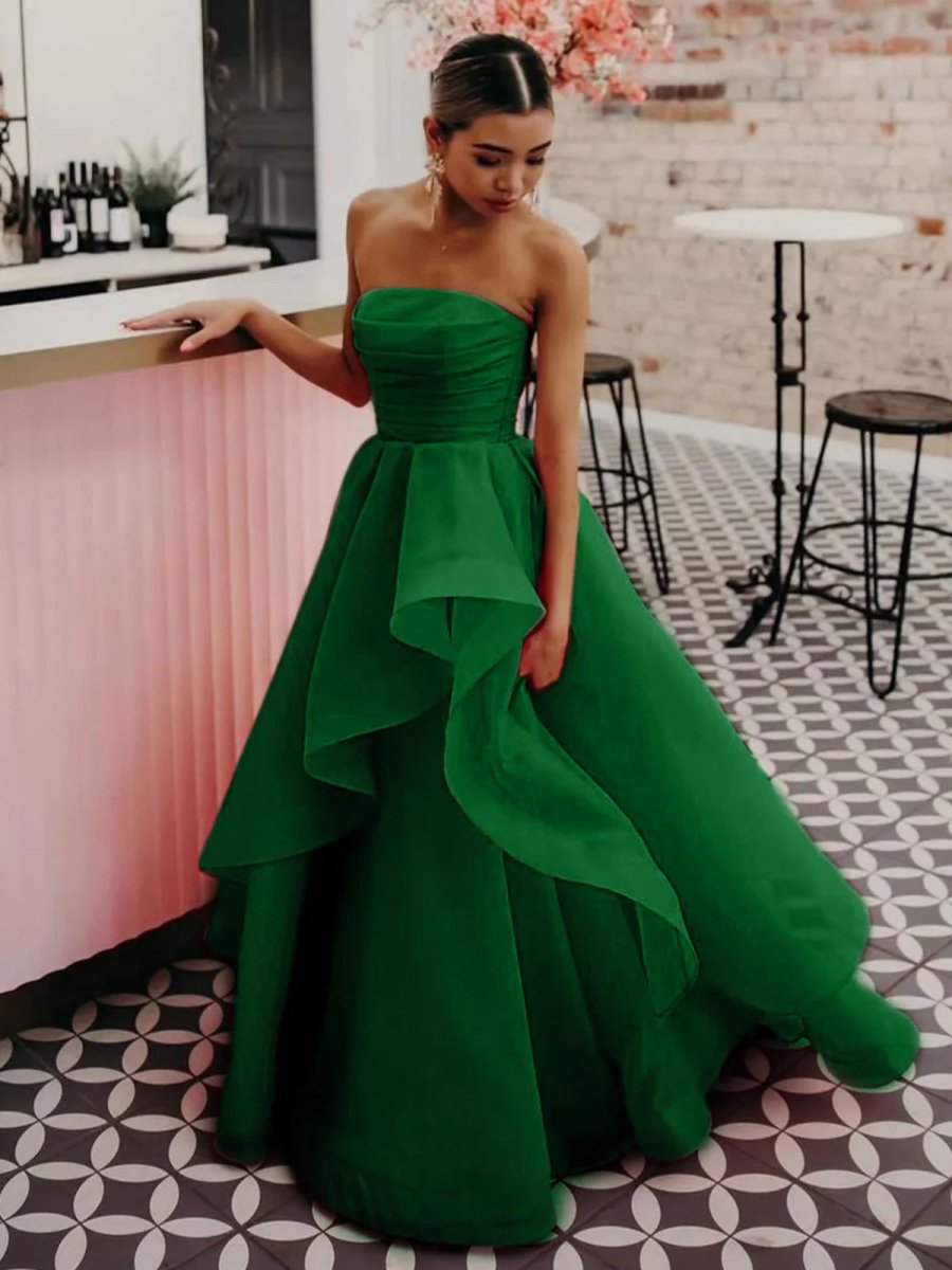 KissProm-Elisa Green A Line Strapless Organza Prom Dress
