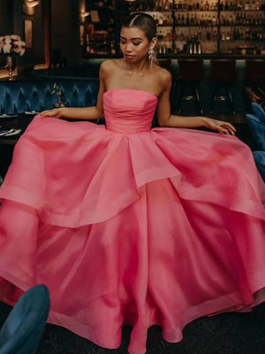 KissProm-Elisa Candy Pink A Line Strapless Organza Prom Dress