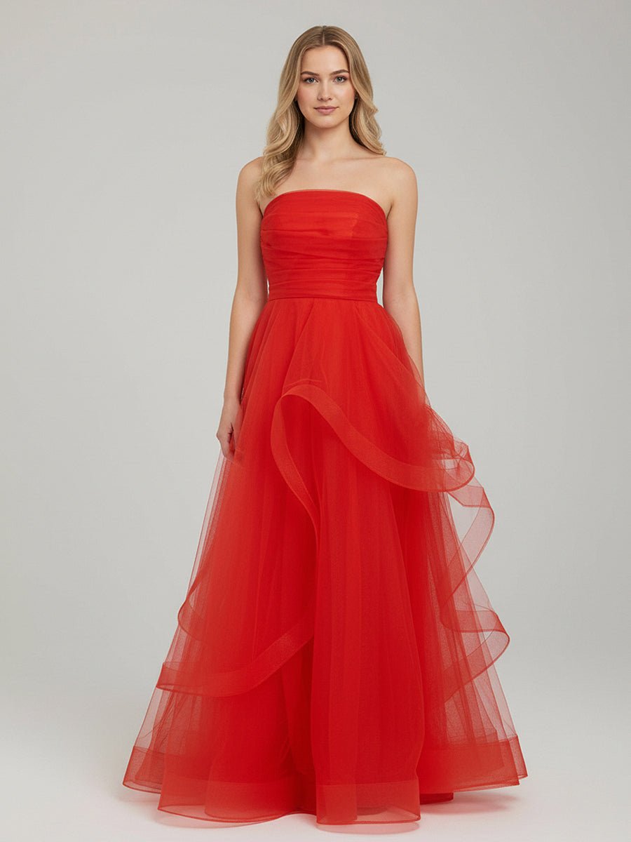 KissProm-Elisa Red A Line Strapless Organza Prom Dress
