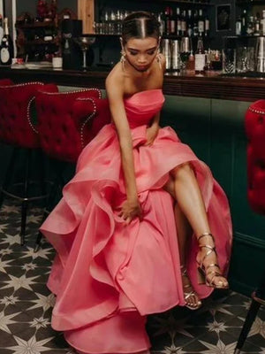 KissProm-Elisa Candy Pink A Line Strapless Organza Prom Dress