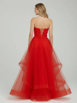 KissProm-Elisa Red A Line Strapless Organza Prom Dress
