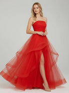 KissProm-Elisa Red A Line Strapless Organza Prom Dress