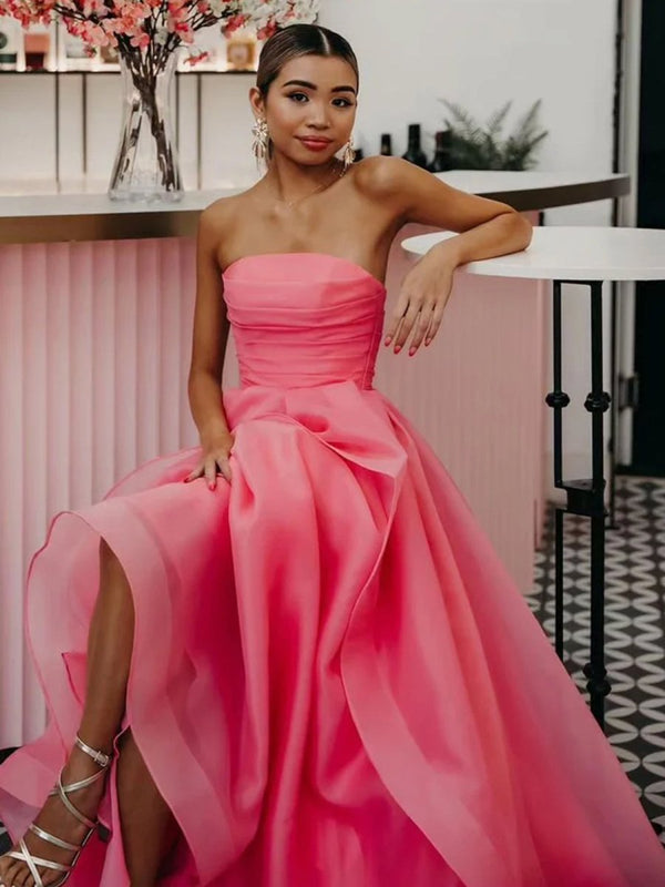 KissProm-Elisa Candy Pink A Line Strapless Organza Prom Dress