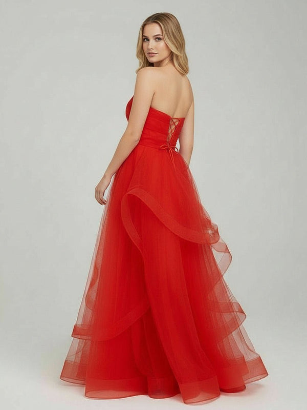 KissProm-Elisa Red A Line Strapless Organza Prom Dress