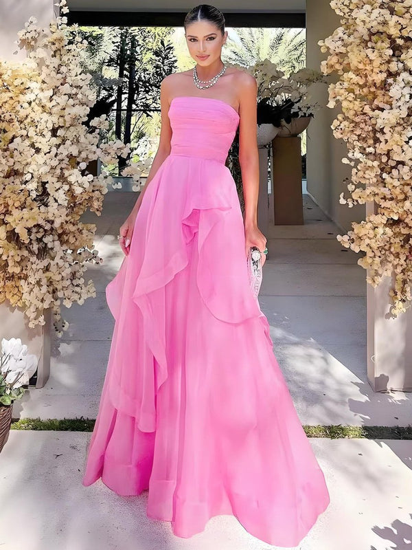 KissProm-Elisa Hot Pink A Line Strapless Organza Prom Dress