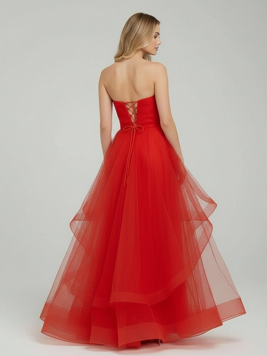 KissProm-Elisa Red A Line Strapless Organza Prom Dress