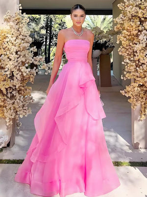 KissProm-Elisa Hot Pink A Line Strapless Organza Prom Dress