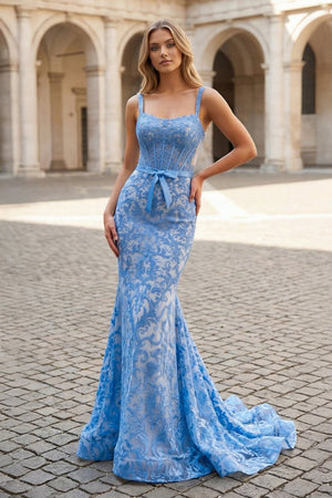 Gorgeous Mermaid Scoop Neck Blue Lace Prom Dress - KissProm