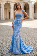 Gorgeous Mermaid Square Neck Blue Lace Prom Dress – Prom Dresses by KissProm | Available at KissProm