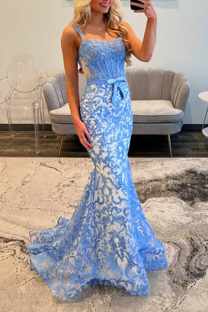 square neck mermaid dress Gorgeous Mermaid Square Neck Blue Lace Prom Dress Blue / 14