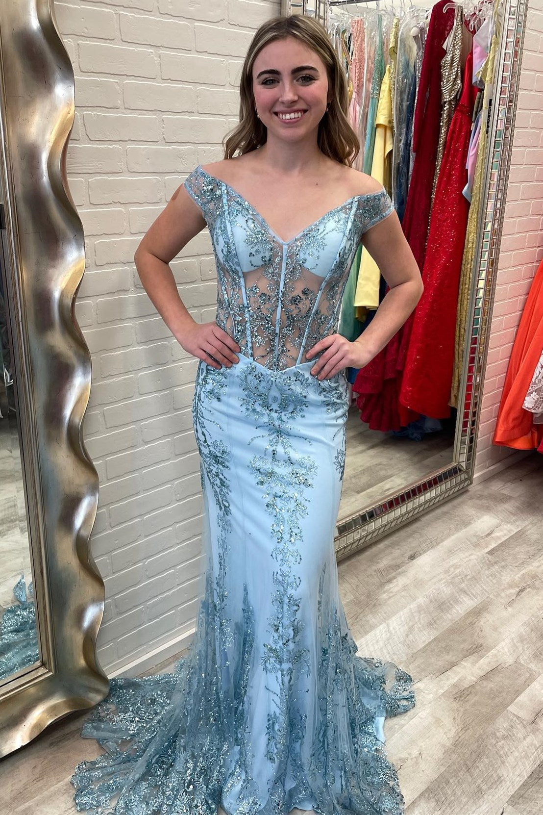 Blue Sheer Mesh Lace Off-the-Shoulder Trumpet Long Prom Gown