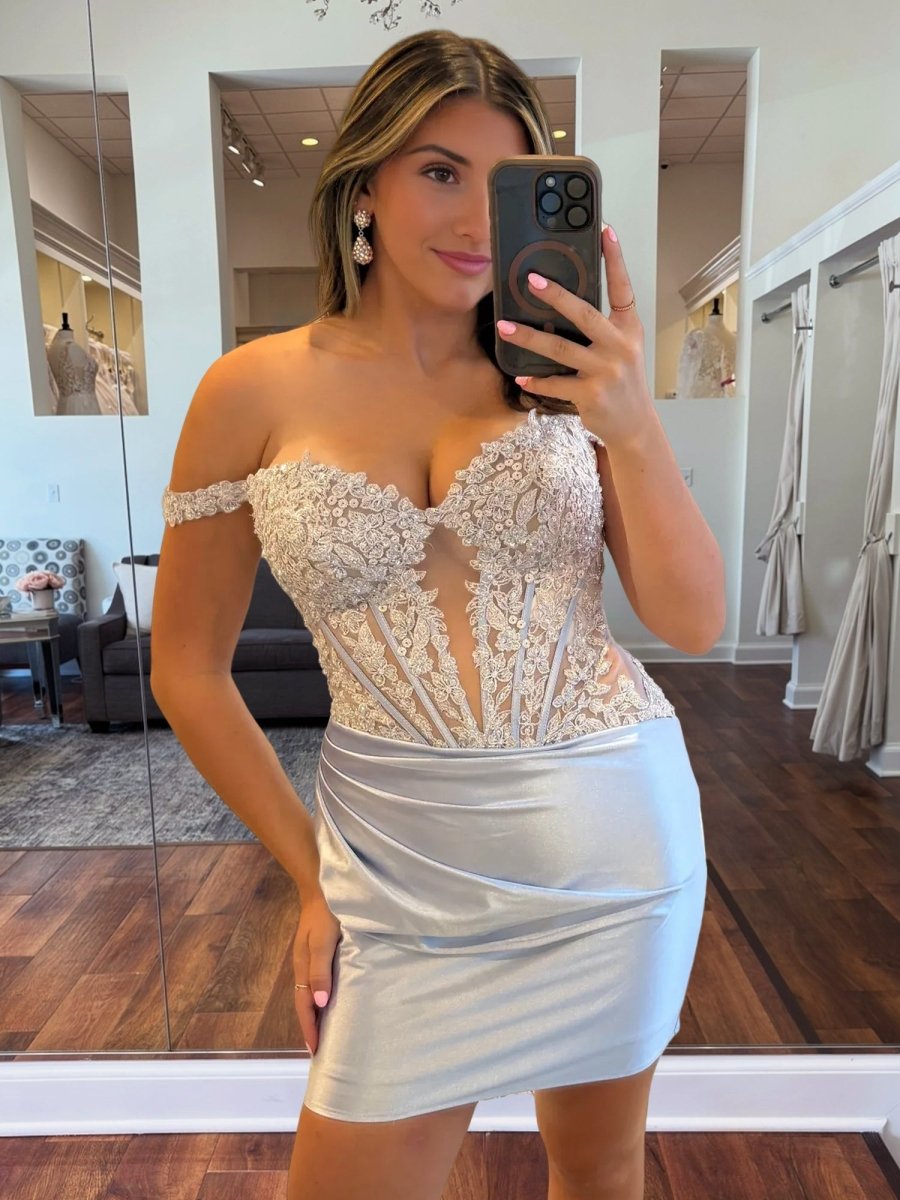 Elka | Silver - Off The Shoulder Bodycon Satin Pleated Homecoming Dresses With Appliques