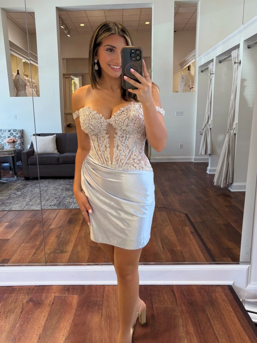 Elka | Silver - Off The Shoulder Bodycon Satin Pleated Homecoming Dresses With Appliques