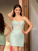 Ellie |  Yellow Spaghetti Straps Tight Short Homecoming Dress with Appliques