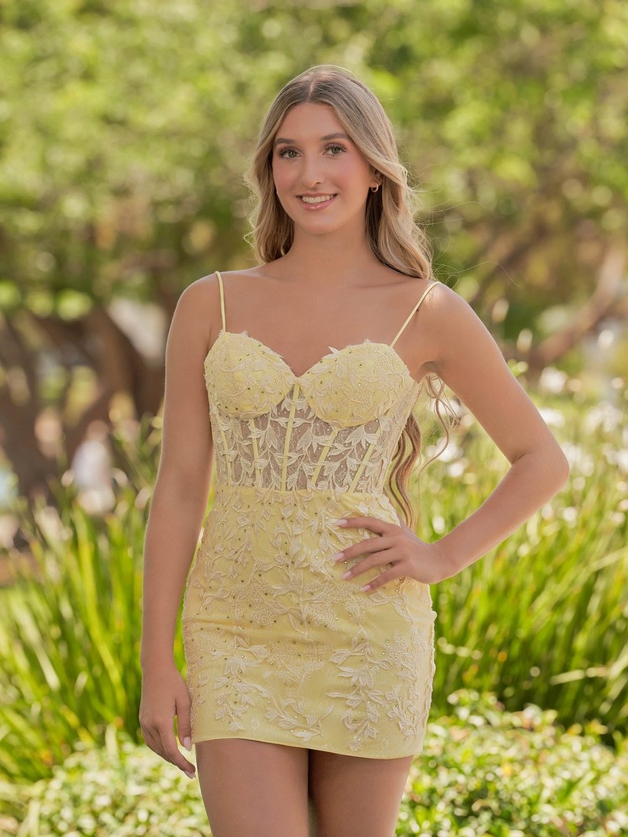 KissProm Pink Spaghetti Straps Tight Short Homecoming Dress with Appliques, Yellow / 0