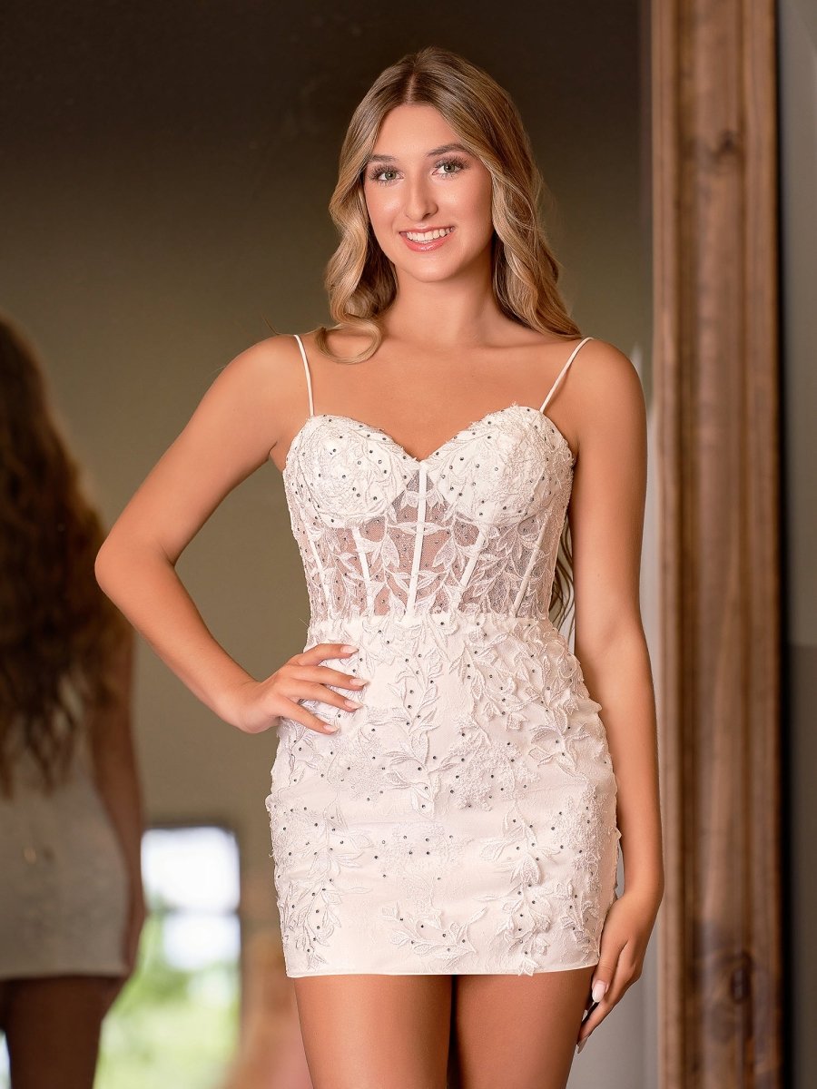 White Spaghetti Straps Tight Short Homecoming Dress with Appliques - KISSPROM