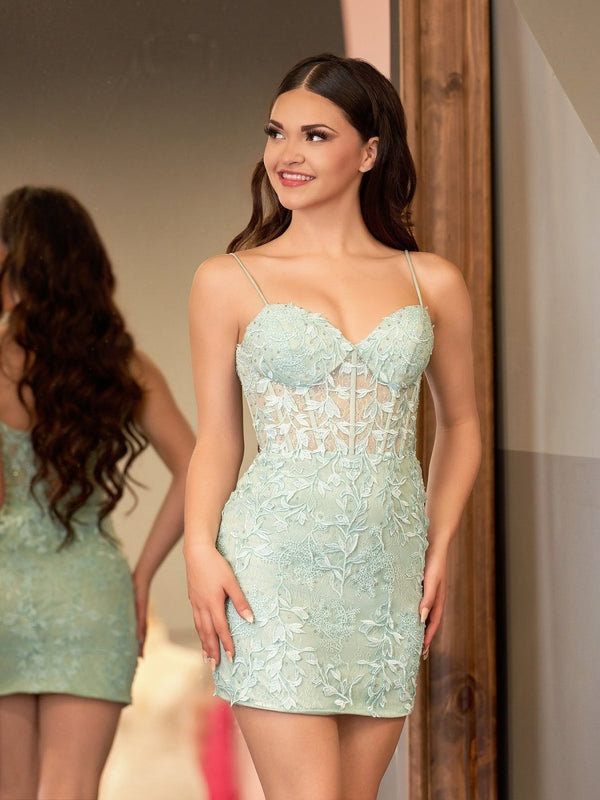 Yellow Spaghetti Straps Tight Short Homecoming Dress with Appliques, Sage Green / 10