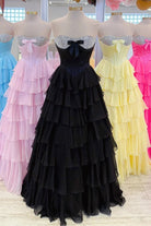 Ellira | Black - Sweetheart A Line Chiffon Ruffled Long Formal Prom Dresses With Beading - KissProm