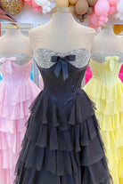 Ellira | Black - Sweetheart A Line Chiffon Ruffled Long Formal Prom Dresses With Beading - KissProm