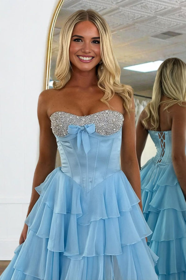 Ellira | Blue - Sweetheart A Line Chiffon Ruffled Long Formal Prom Dresses With Beading -KissProm