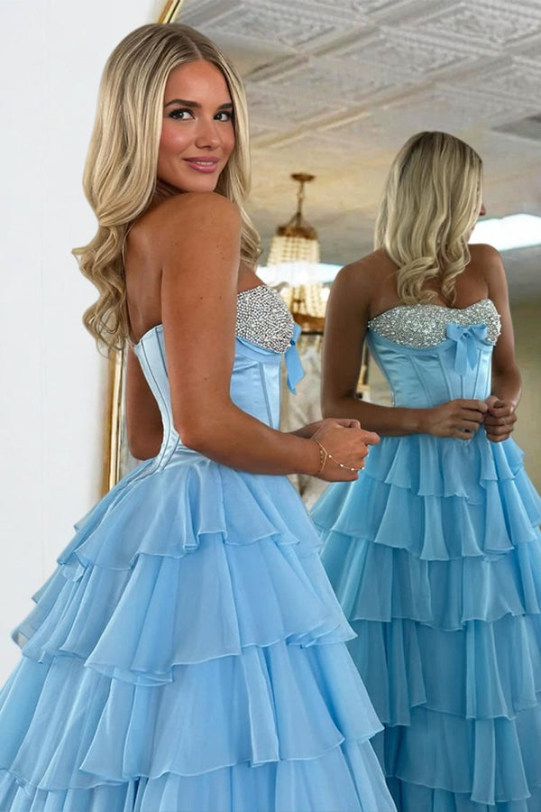 Ellira | Blue - Sweetheart A Line Chiffon Ruffled Long Formal Prom Dresses With Beading -KissProm
