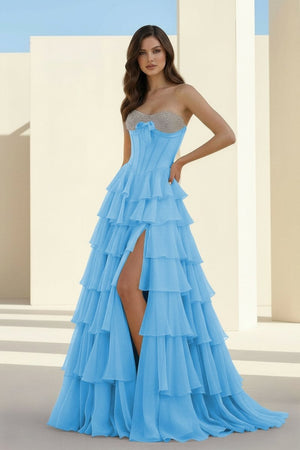 Ellira | Blue - Sweetheart A Line Chiffon Ruffled Long Formal Prom Dresses With Beading -KissProm