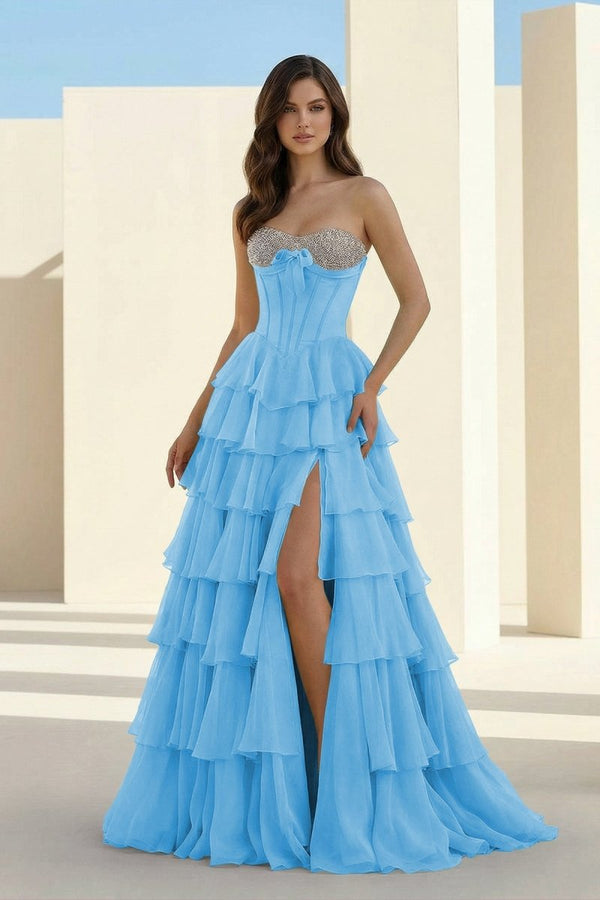 Ellira | Blue - Sweetheart A Line Chiffon Ruffled Long Formal Prom Dresses With Beading -KissProm