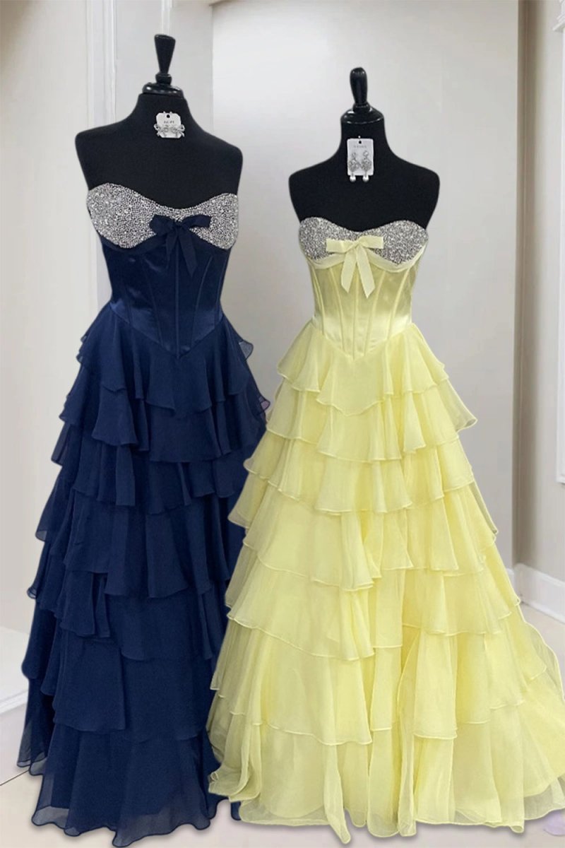 Ellira | Pink - Sweetheart A Line Chiffon Ruffled Long Formal Prom Dresses With Beading - KissProm