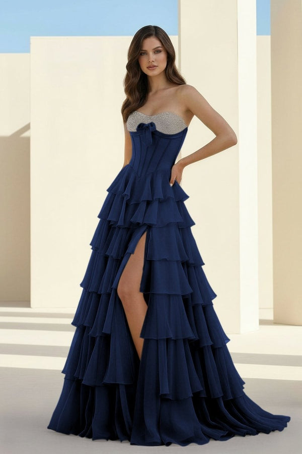 Ellira | Navy Blue - Sweetheart A Line Chiffon Ruffled Long Formal Prom Dresses With Beading -KissProm