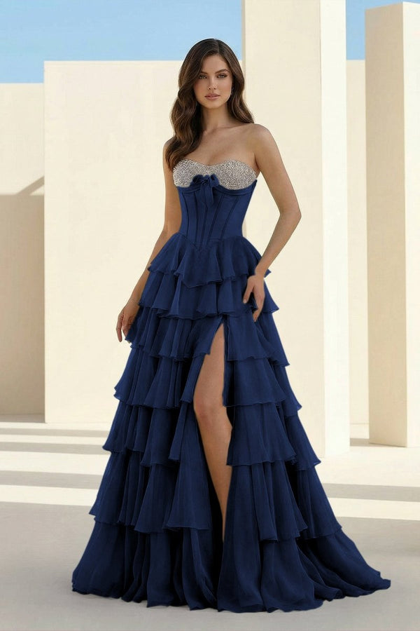 Ellira | Navy Blue - Sweetheart A Line Chiffon Ruffled Long Formal Prom Dresses With Beading -KissProm