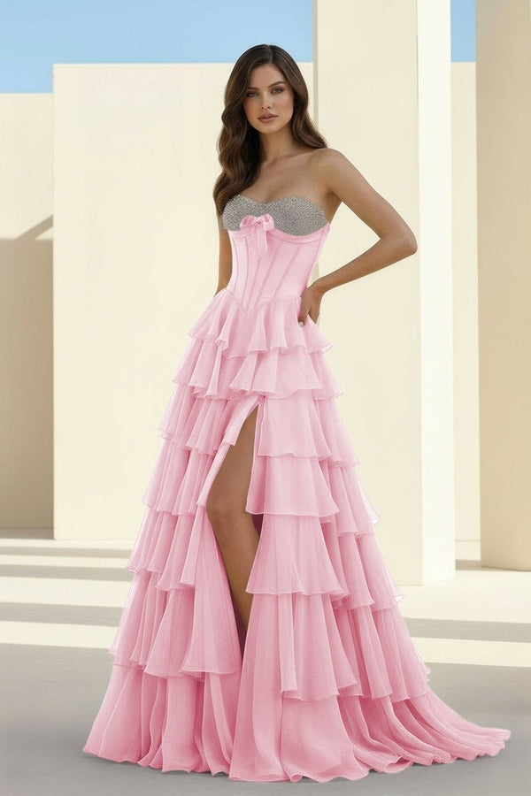 Ellira | Pink - Sweetheart A Line Chiffon Ruffled Long Formal Prom Dresses With Beading - KissProm