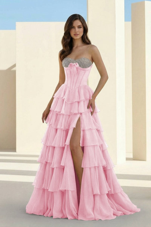 Ellira | Pink - Sweetheart A Line Chiffon Ruffled Long Formal Prom Dresses With Beading - KissProm