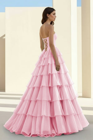 Ellira | Pink - Sweetheart A Line Chiffon Ruffled Long Formal Prom Dresses With Beading - KissProm
