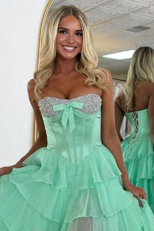 Ellira | Sage - Sweetheart A Line Chiffon Ruffled Long Formal Prom Dresses With Beading -KissProm