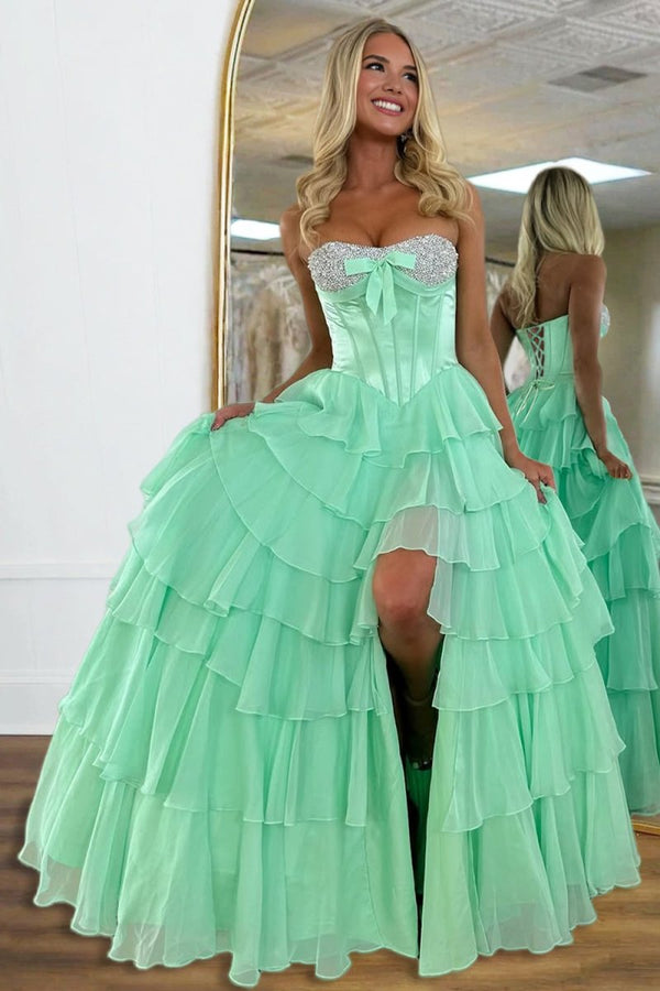 Ellira | Sage - Sweetheart A Line Chiffon Ruffled Long Formal Prom Dresses With Beading -KissProm