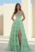 Ellira | Pink - Sweetheart A Line Chiffon Ruffled Long Formal Prom Dresses With Beading - KissProm