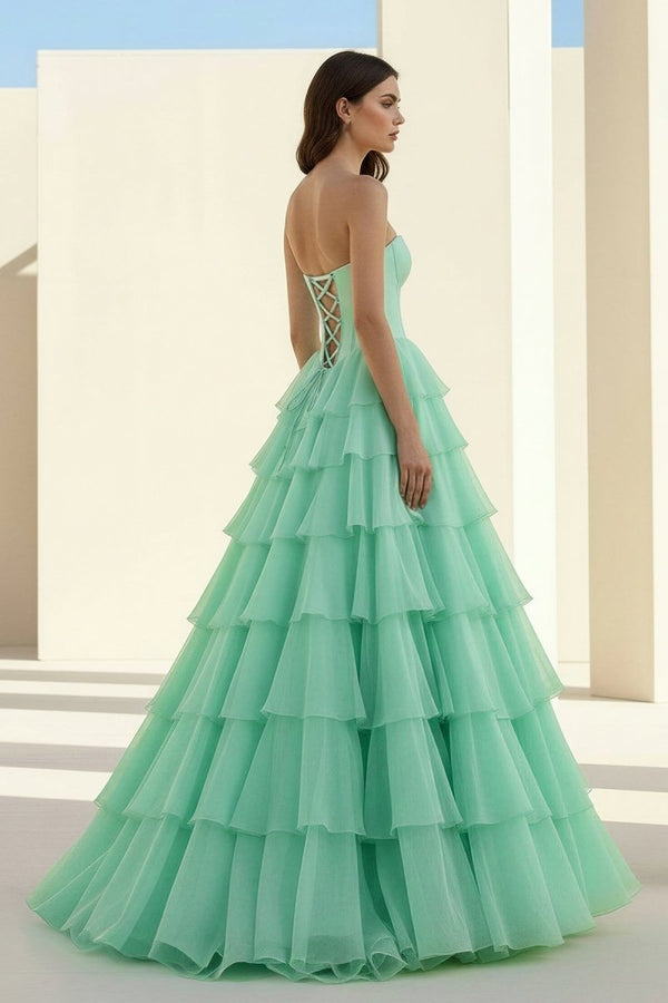 Ellira | Sage - Sweetheart A Line Chiffon Ruffled Long Formal Prom Dresses With Beading -KissProm