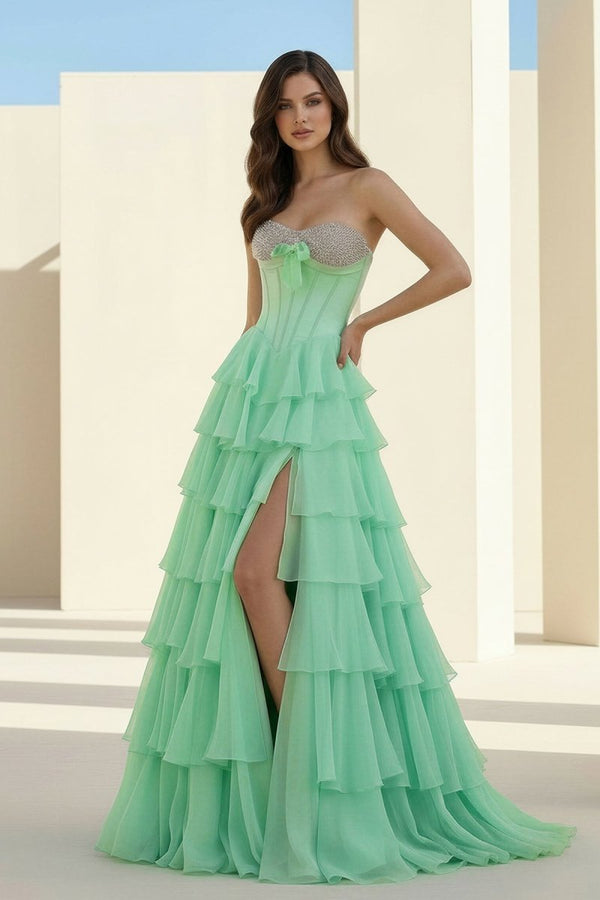 Ellira | Sage - Sweetheart A Line Chiffon Ruffled Long Formal Prom Dresses With Beading -KissProm