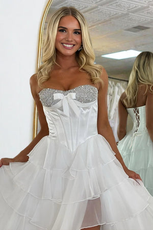 Ellira | White - Sweetheart A Line Chiffon Ruffled Long Formal Prom Dresses With Beading - KissProm