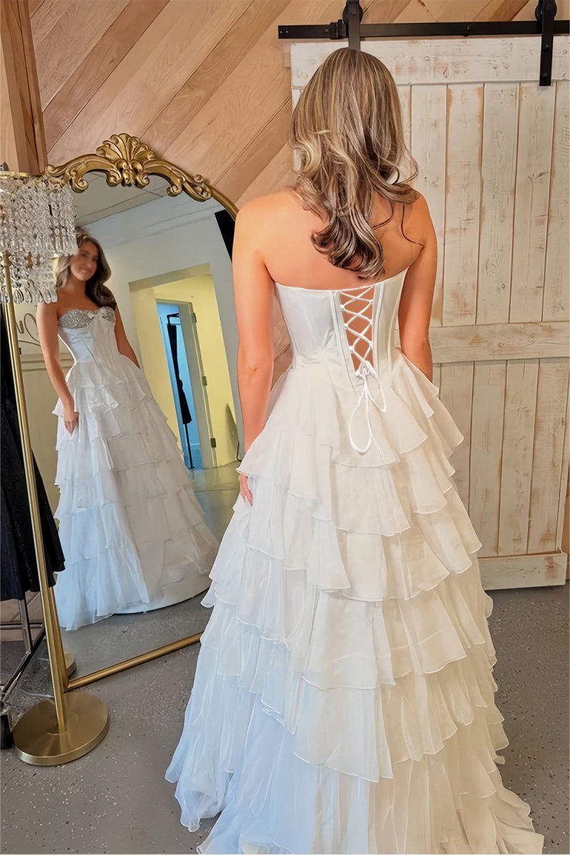 Ellira | White - Sweetheart A Line Chiffon Ruffled Long Formal Prom Dresses With Beading - KissProm