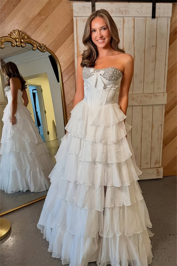 Ellira | White - Sweetheart A Line Chiffon Ruffled Long Formal Prom Dresses With Beading - KissProm