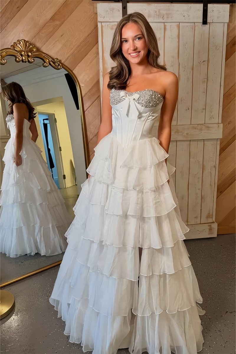 Ellira | White - Sweetheart A Line Chiffon Ruffled Long Formal Prom Dresses With Beading - KissProm