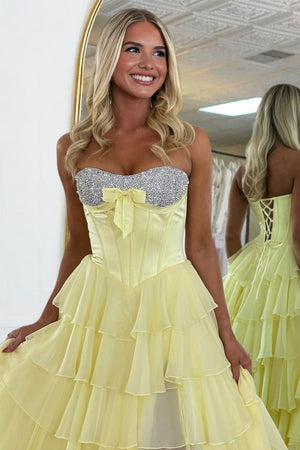 Ellira | Yellow - Sweetheart A Line Chiffon Ruffled Long Formal Prom Dresses With Beading - KissProm