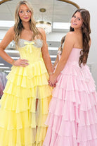 Ellira | Pink - Sweetheart A Line Chiffon Ruffled Long Formal Prom Dresses With Beading - KissProm