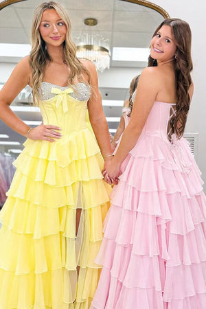 Ellira | Yellow - Sweetheart A Line Chiffon Ruffled Long Formal Prom Dresses With Beading - KissProm