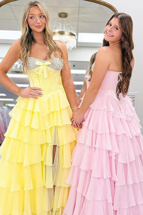 Ellira | Yellow - Sweetheart A Line Chiffon Ruffled Long Formal Prom Dresses With Beading - KissProm