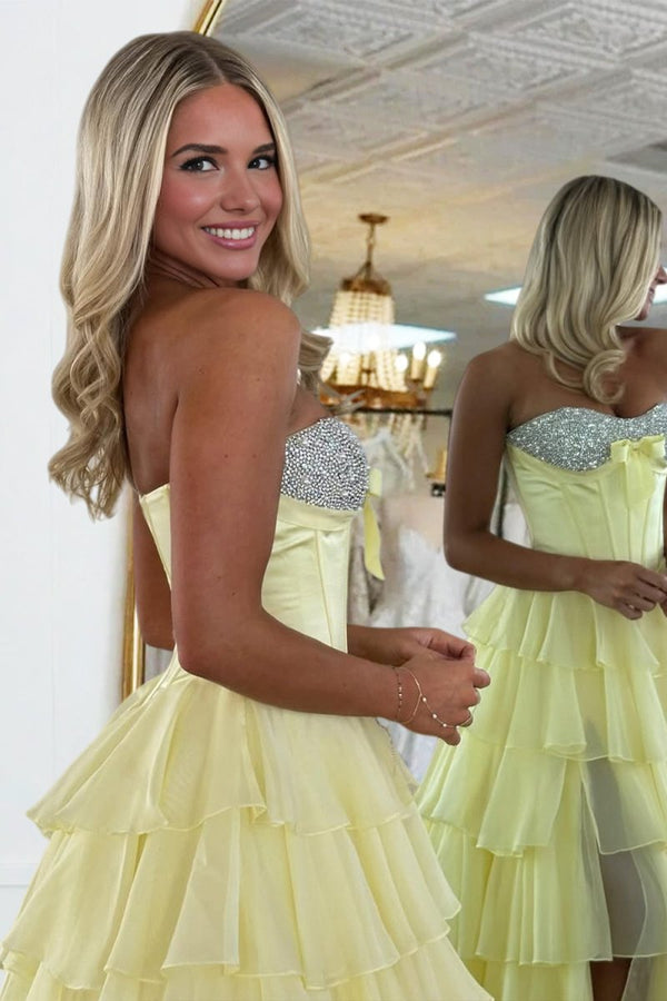 Ellira | Yellow - Sweetheart A Line Chiffon Ruffled Long Formal Prom Dresses With Beading - KissProm