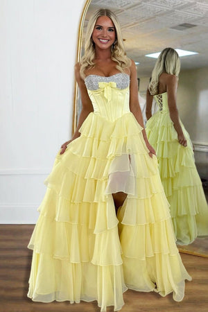 Ellira | Yellow - Sweetheart A Line Chiffon Ruffled Long Formal Prom Dresses With Beading - KissProm