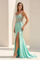 Ellison | Aqua - Mermaid Scoop Neck Satin Beaded Long Formal Prom Dresses With Slit - KissProm