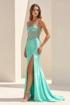 Ellison | Aqua - Mermaid Scoop Neck Satin Beaded Long Formal Prom Dresses With Slit - KissProm